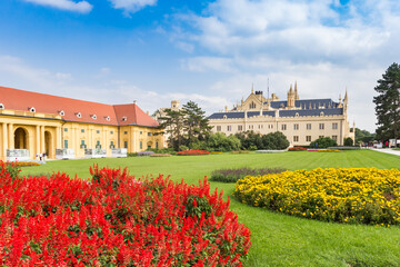 Red and ellow flowers in the garden of castle Lednice, Czech Republic