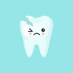 Broken tooth with emotional face, cute colorful vector icon illustration