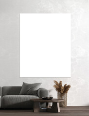 Modern luxury living room interior in warm tones, living room mock up, empty pattern wall background, 3d rendering