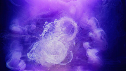 Paint water splash. Color smoke texture. Fantasy dream. Neon glow navy blue purple pigment vapor cloud air abstract art empty space background.