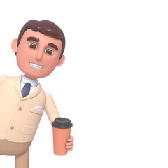 3d render of cheerful businessman holding coffee cup