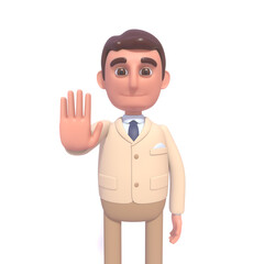 3d render of cheerful businessman showing stop gesture