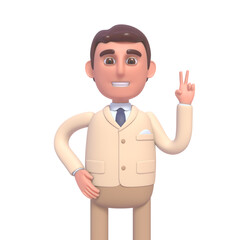 3d render of cheerful businessman showing victory sign