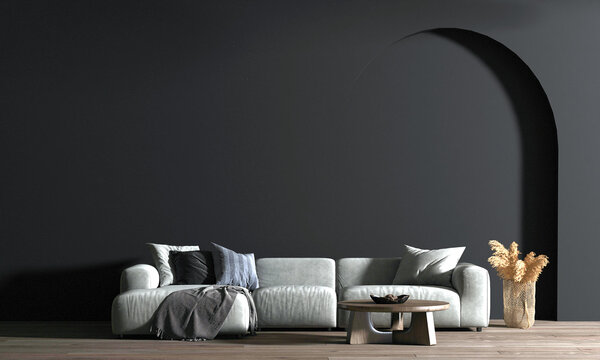 Modern cozy living room interior in black tones, living room mock up, arch pattern wall background, 3d rendering