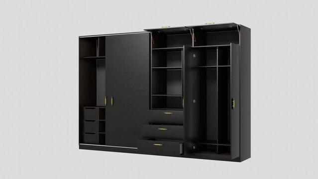 Modern wardrobe in dark wood. Animation of opening and closing doors. Furniture manufacturing. 3d animation