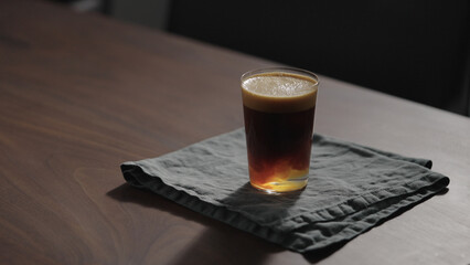 making espresso tonic in tumbler glass on walnut table