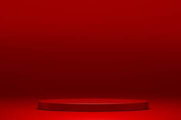 Red platform for showing product. Empty podium or pedestal display on red background with stand...