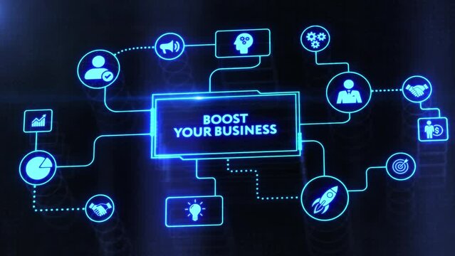 Business, Technology, Internet and network concept. Young businessman shows the word: Boost your business
