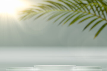 Abstract summer light cosmetic stand mockup. Tropical palm tree on green wall and product placement. gray circular display platform