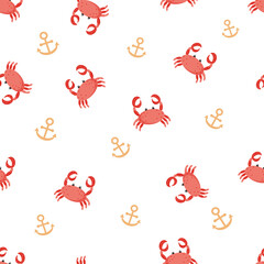 Vector childish seamless repeating simple flat pattern with crabs a white background. Pattern for kids with crabs. Sea ocean. Underwater world.