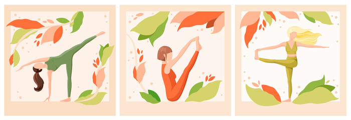 Women do yoga. A set of illustrations. Cartoon design.
