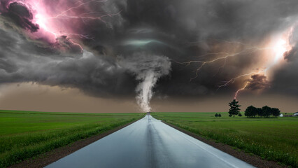 Tornado on a straight road. dramatic storm powerful tornado twisting through the countryside with...