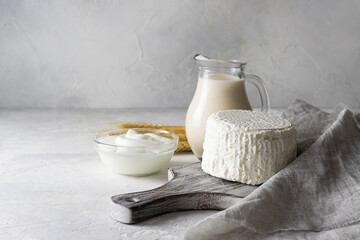 Fresh milk cottage cheese on a light brown wooden plank. Sour cream in a transparent wag and a jug...