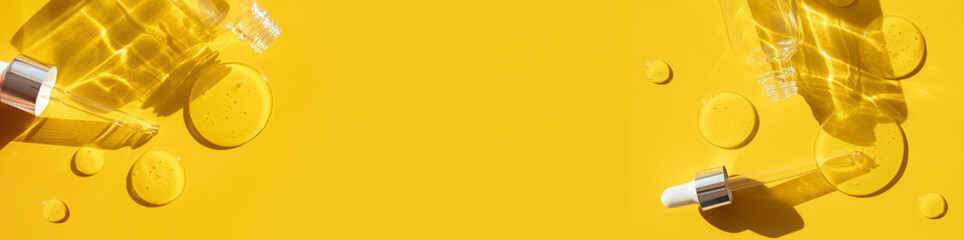 pipette drop of whey test on yellow sun glare background banner with place for advertising text