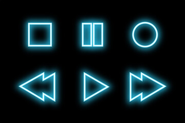 Neon blue glowing media player button icon set