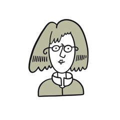 Girl in glasses doodle avatar icon. Hand drawn colorful cartoon character.