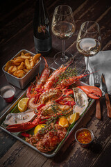 Lobsters dinner on Served Table, Restaurant seafood