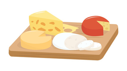 Set of yellow cheeses in cartoon style. Vector illustration of delicious and appetizing homemade cheeses of different species on the kitchen board.