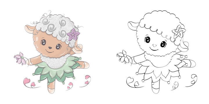 Lamb Clipart Multicolored and Black and White. Beautiful Clip Art Sheep in a Dress. Vector Illustration of an Animal for Prints for Clothes, Stickers, Baby Shower, Coloring Pages