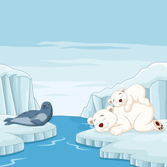 Cartoon mother and baby polar bear sleeps with seal in arctic background