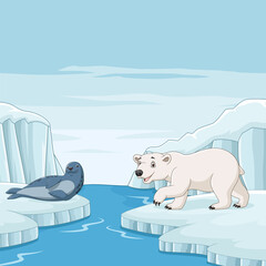 Cartoon seal with polar bear in arctic background