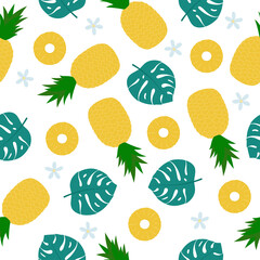  Pineapple seamless pattern. Cartoon fruit, flowers and leaves on white background