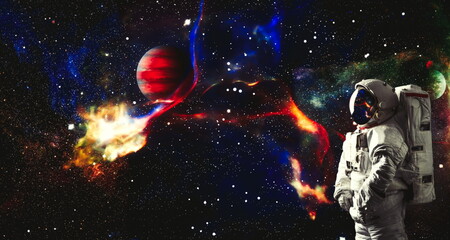 Picture of astronaut spacewalking with glowing stars . Astronaut in outer space. Elements of this...