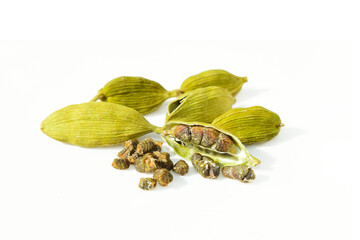 Cardamom pods and seeds isolated on white background