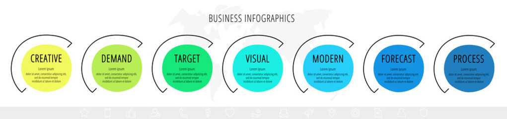 Business vector infographics with seven circles. Hand drawn timeline visualization with 7 steps for diagram, flowchart, banner, presentations, web, content, levels, chart, graphic