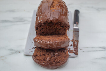 sweet home made chocolate pound cake on a table