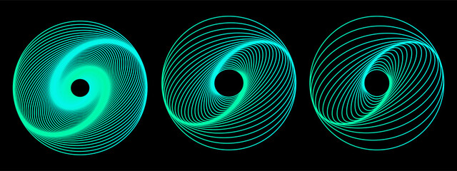 Set of 3D twisted gradient spirals. Geometry tunnel with lines. Abstract technology circle. Vector illustration.