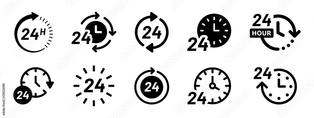 Leinwandbilder 24-hour time icon vector set. Twenty-four hours clock symbol collection. 24h open all day service concept.
