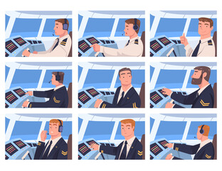 Man Aircraft Pilot or Aviator Sitting Inside Airplane Cabin at Control Panel Vector Set © topvectors