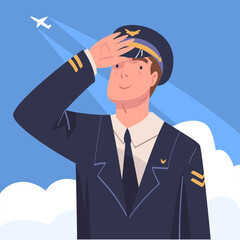 Man Aircraft Pilot or Aviator in Cap and Uniform Looking Up in the Sky Vector Illustration