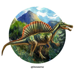 Spinosaurus cameo. Dinosaurs in the wild. Prehistoric animals. Watercolor drawing story. © Viktoriia