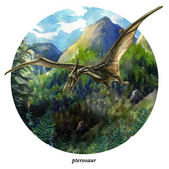 Pterosaur cameo. Dinosaurs in the wild. Prehistoric animals. Watercolor drawing story. © Viktoriia