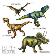 Dinosaurs come in many different types and classifications. Prehistoric animals. Watercolor drawing on a white background.