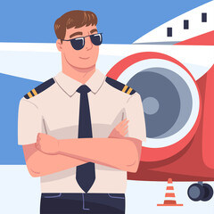 Man Aircraft Pilot or Aviator in Sunglasses Standing Near Plane Turbine with Folded Arms Vector Illustration
