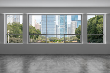 Downtown Chicago City Skyline Buildings from High Rise Window. Beautiful Expensive Real Estate overlooking. Empty room Interior Skyscrapers View in Penthouse Cityscape. Day time. 3d rendering.