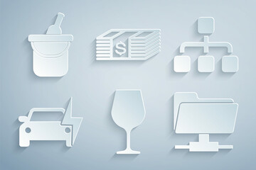 Set Wine glass, Hierarchy organogram chart, Electric car, FTP folder, Paper money dollars cash and Bottle of wine bucket icon. Vector