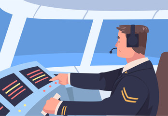 Man Aircraft Pilot or Aviator Sitting Inside Airplane Cabin at Control Panel Vector Illustration - obrazy, fototapety, plakaty