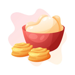 Red bowl with dough and buns. Isolated Vector illustration for poster, banner, cover, menu, advertising.