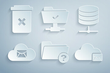 Set Unknown directory, Server, Data, Web Hosting, Cloud mail server, , FTP operation successful and Trash can icon. Vector