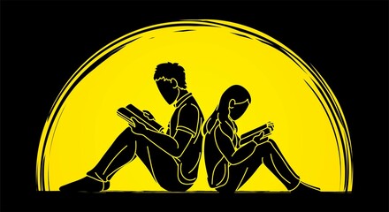 Group of Children Reading Books Together Cartoon Graphic Vector