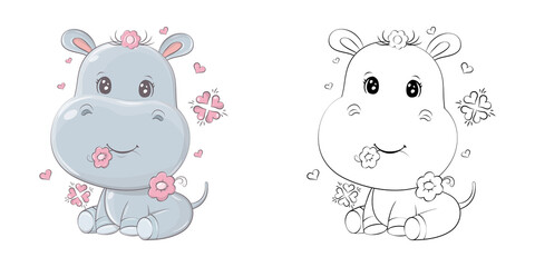 Cute Hippopotamus Clipart Illustration and Black and White. Funny Clip Art Hippo. Vector Illustration of an Animal for Coloring Pages, Stickers, Baby Shower, Prints for Clothes