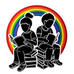 Group of Children Reading Books Together Cartoon Graphic Vector