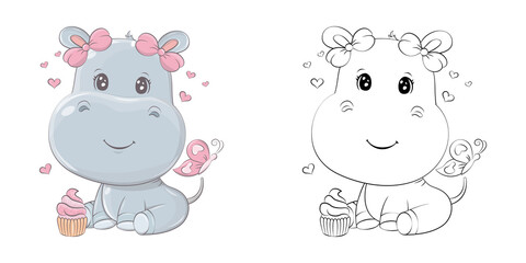 Clipart Hippo Multicolored and Black and White. Cute Clip Art Hippopotamus with Cupcake. Vector Illustration of an Animal for Stickers, Baby Shower, Coloring Pages, Prints for Clothes.