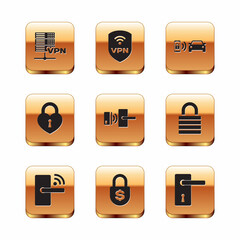Set Server VPN, Digital door lock with wireless, Money, , Castle in the shape of heart and Smart car alarm system icon. Vector