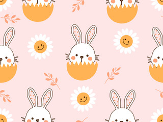 Obraz na płótnie Canvas Seamless pattern with rabbits, egg shell and daisy flower cartoons on pink background vector illustration.