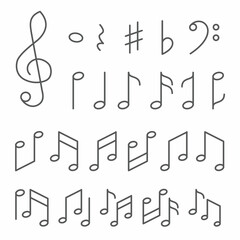 Music notes line icons set on white background